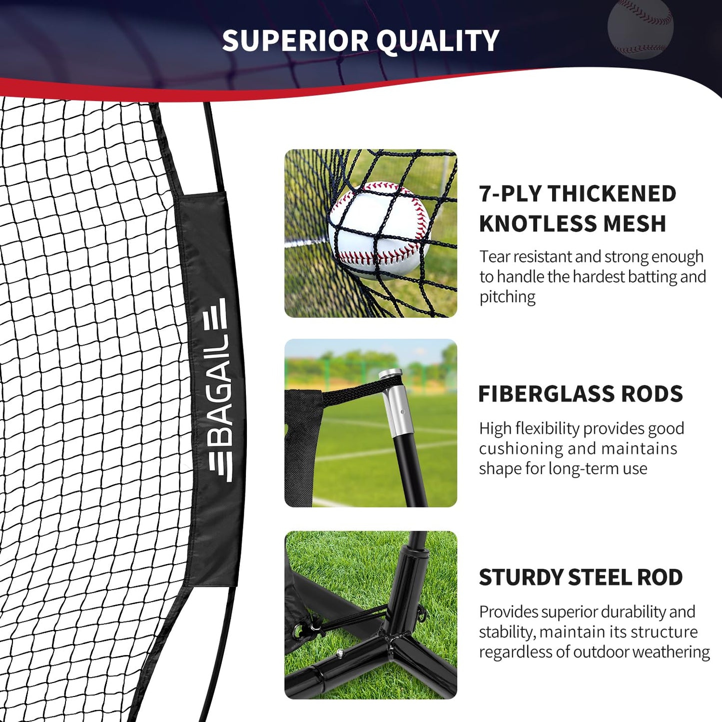 BAGAIL 7x7 ft Extra Large Baseball & Softball Training Net with Batting Tee, Heavy Duty Reinforced Steel Frame, Oversized Hitting Zone for All Levels, Portable Backstop with Carry Bag