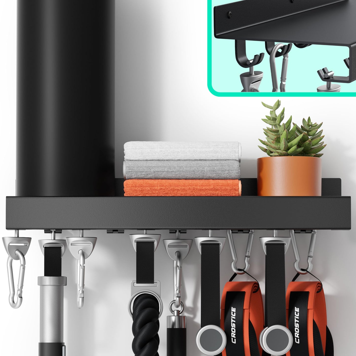 Crostice Metal Shelf Compatible with Tonal Accessories, Floating Shelf Organizer for Home Gym Storage, T-Lock Adapters Bracket Hanger, Gym Rack Wall Mounted with Hooks, Black Workout Holder