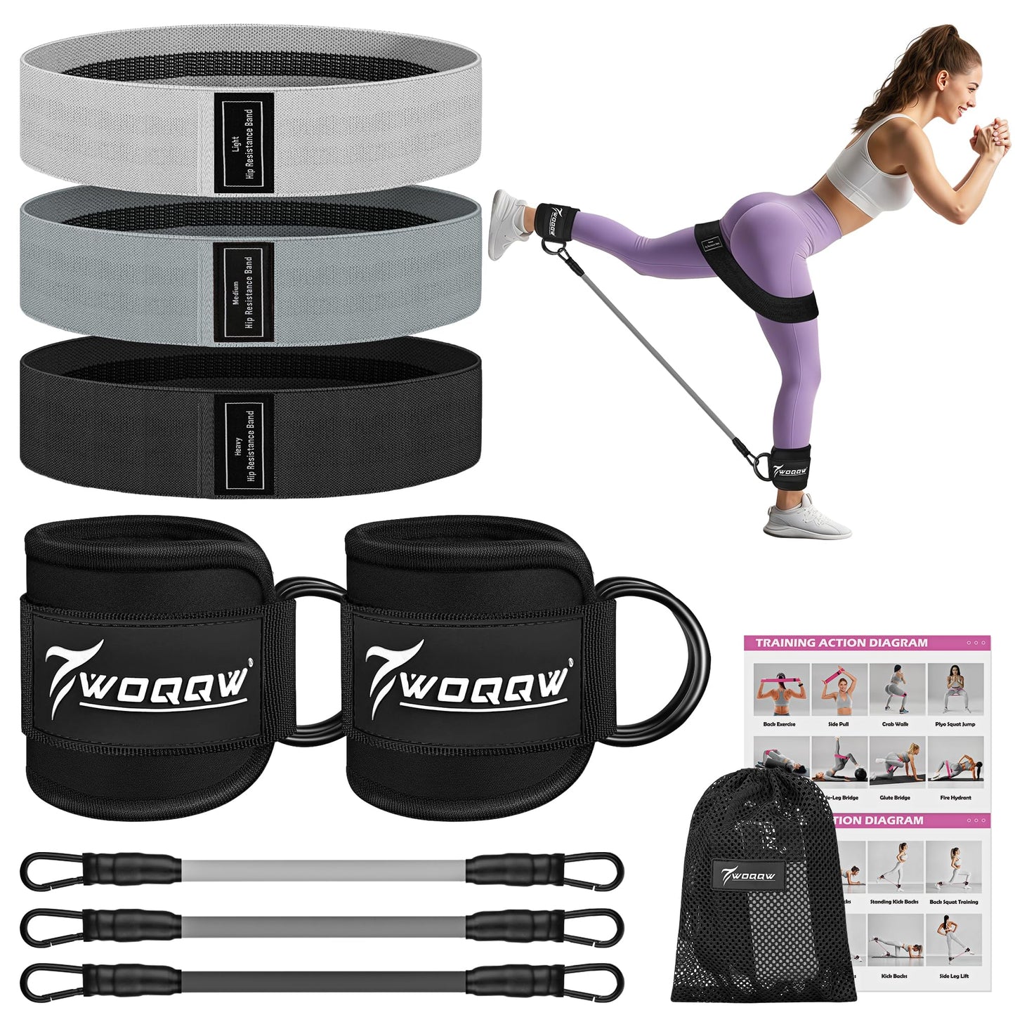 WOQQW Resistance Bands Set - Ankle Resistance Bands with Cuffs for Legs & Glute Workout, Fabric Booty Bands for Women, Home Gym Exercise Equipment for Hip, Pilates, Fitness, Yoga, Physical Therapy