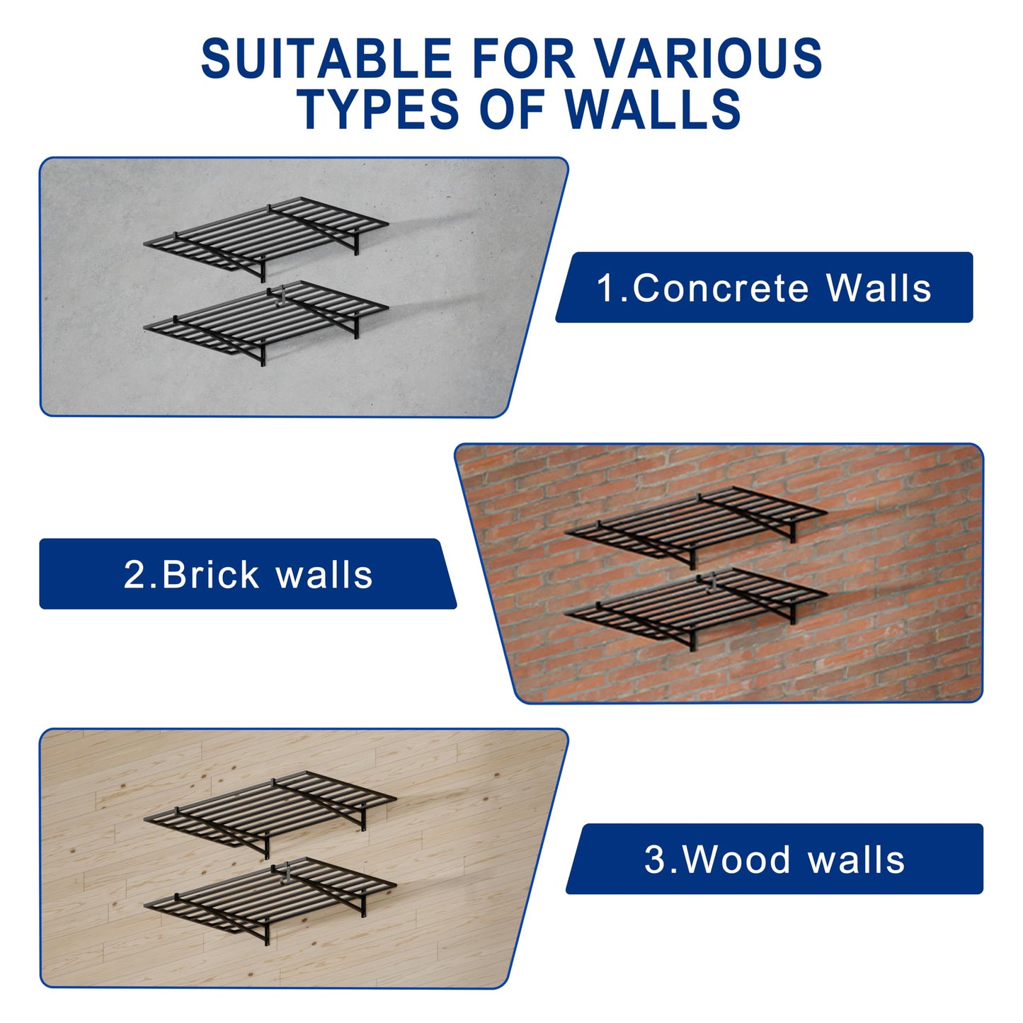 HDDFER 2-Pack 2x4ft Garage Shelving Wall Mounted, 24x43 inch Wall Shelf Heavy Duty Garage Storage Shelves Floating Shelves with Hooks, 500LB Capacity