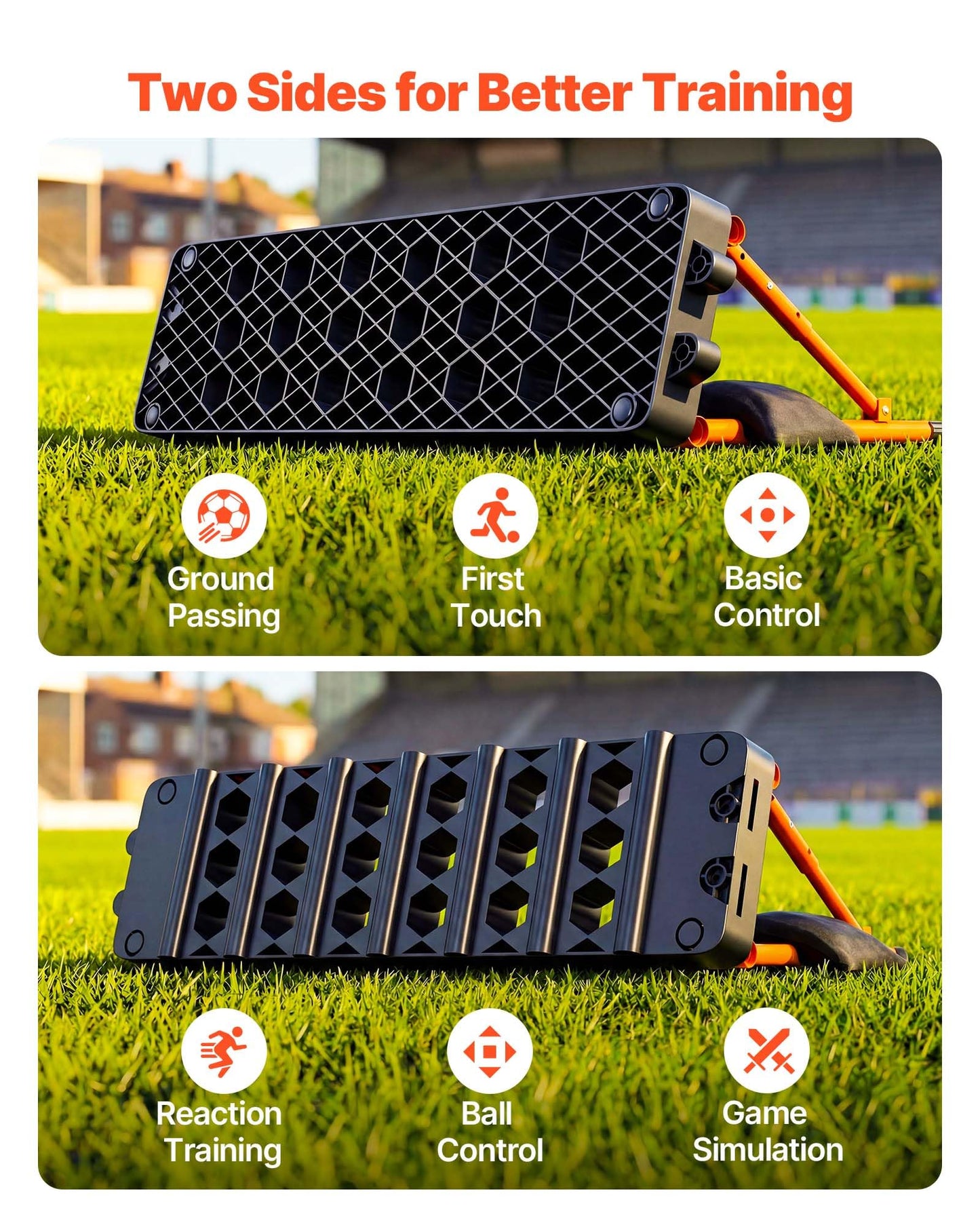 VEVOR 6-in-1 Soccer Rebounder Board, 37.4 x 9.8 in Portable Soccer Rebound Wall, Dual Surface Sports Kick Back Trainer, 3 Adjustable Angles Soccer Training Equipment for Passing, Control & Reflex