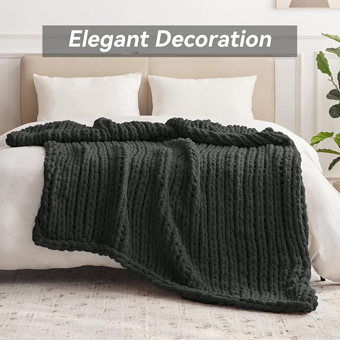 Negwoo Chunky Knit Throw Blanket, 50''*60'' Knitted Throw Chenille Yarn for Bed Couch, Handmade Dark Grey Crochet Big Thick Blanket, Machine Washable Cute Comfy Blanket for Home Decor