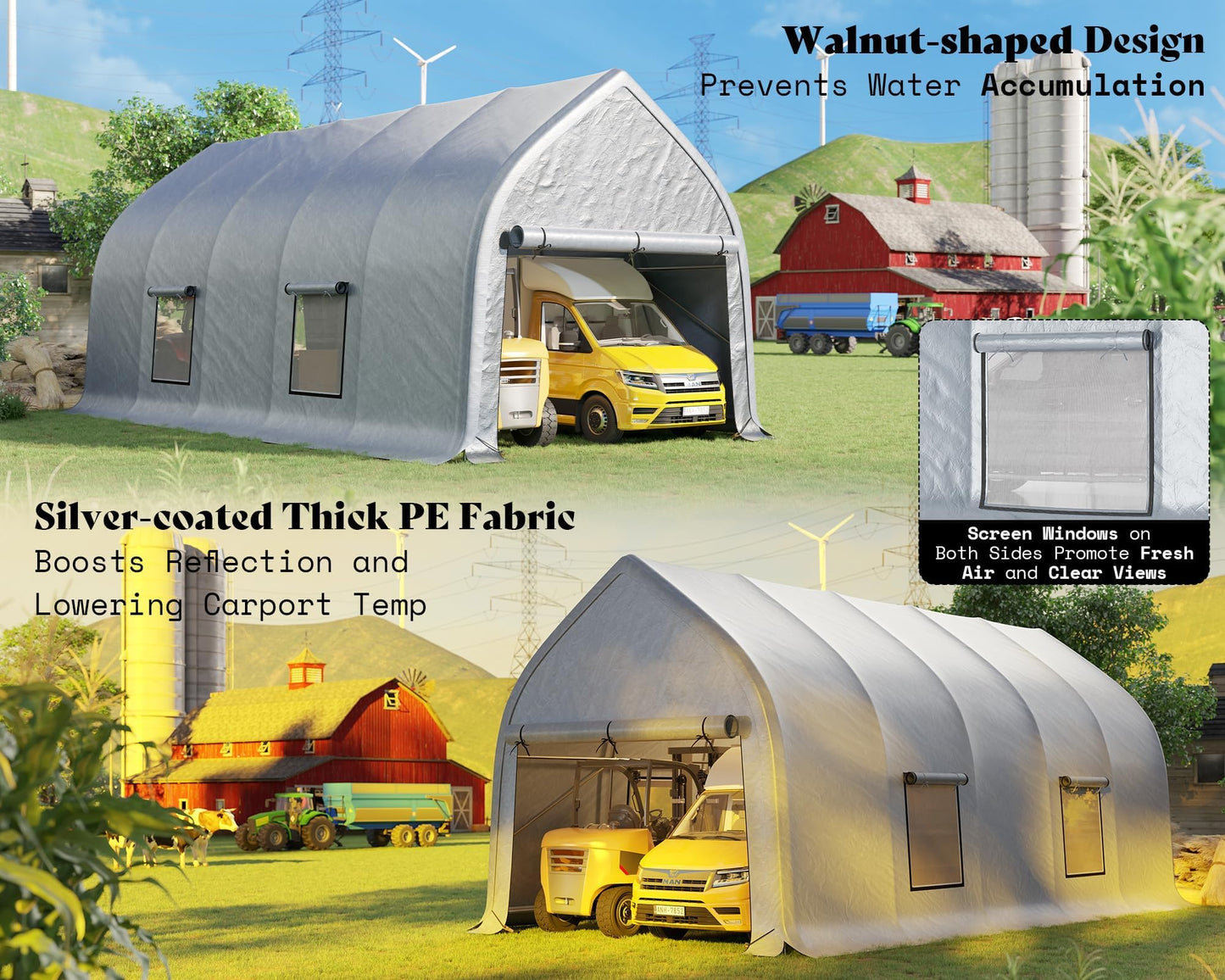 AMERLIFE 12 x 30 FT Walnut-Shaped Outdoor Carport, Heavy Duty Enclosed Portable Garage Shelter with Roll-Up Doors, Weather Resistant Car Shelter for Trucks, Boats, Farm Equipment, Silver Gray