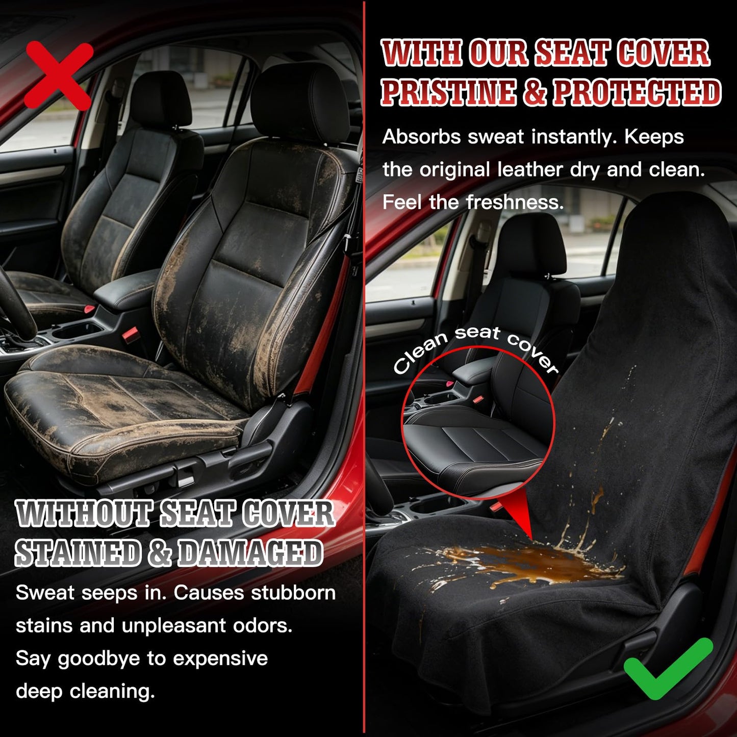 TESFEEL 550g Heavy Duty Towel Car Seat Cover, Waterproof Sweat Protector for Post-Gym & Beach, Non-Slip Microfiber Bucket Seat Mat for Sedans SUV Minivans, Machine Washable (Black, 1-Pack)