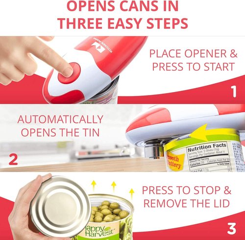 Kitchen Mama Electric Can Opener - Automatic Hands-Free Operation, Smooth Edge Design | Battery Operated (Red)