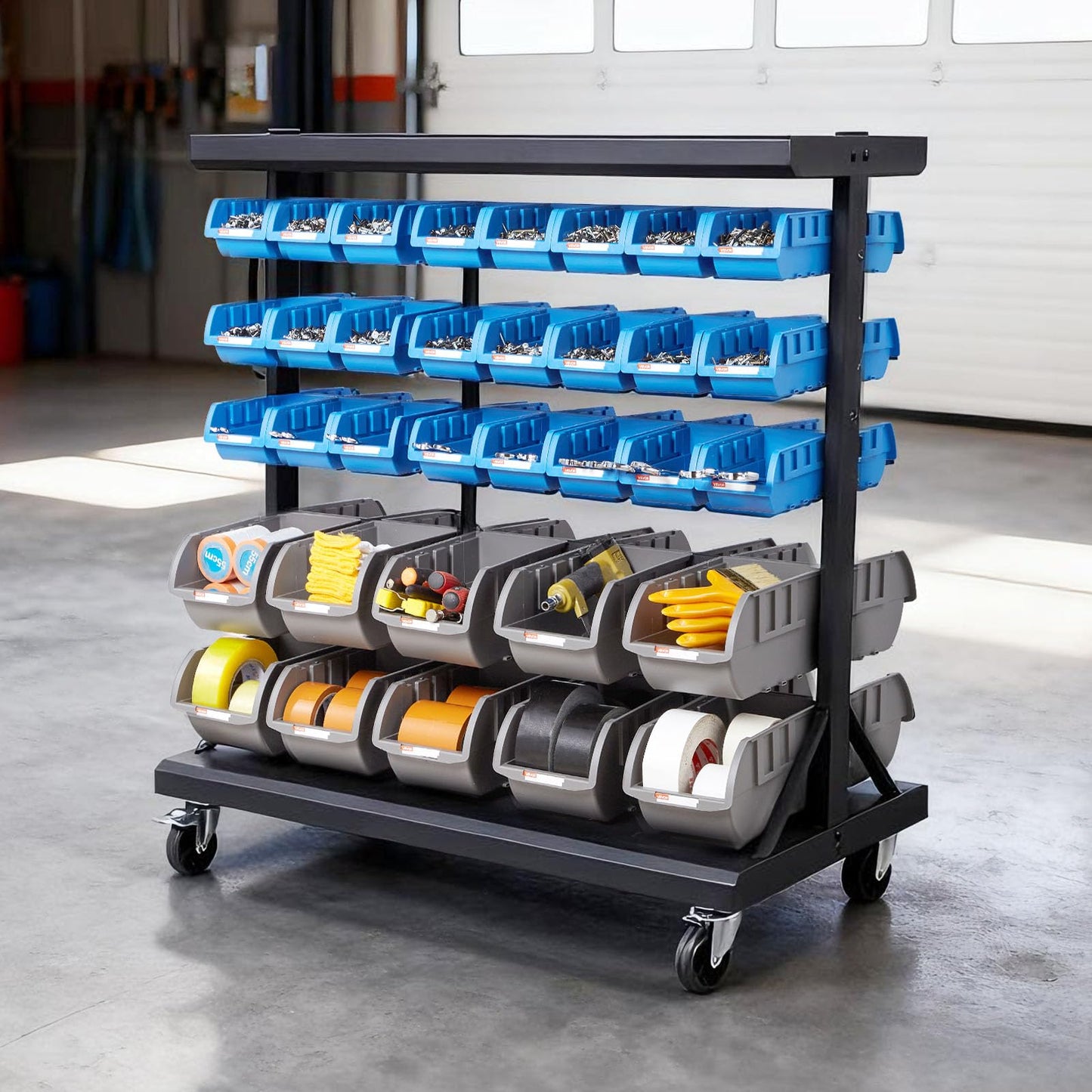 VEVOR 5-Tier Double-Sided Rolling Bin Storage Rack, 68 Plastic Bins, Dual-Sided Parts Organizer with Wheels, Mobile Tool Organizer for Garage, Warehouse, Office, Restaurant, Classroom, Kitchen