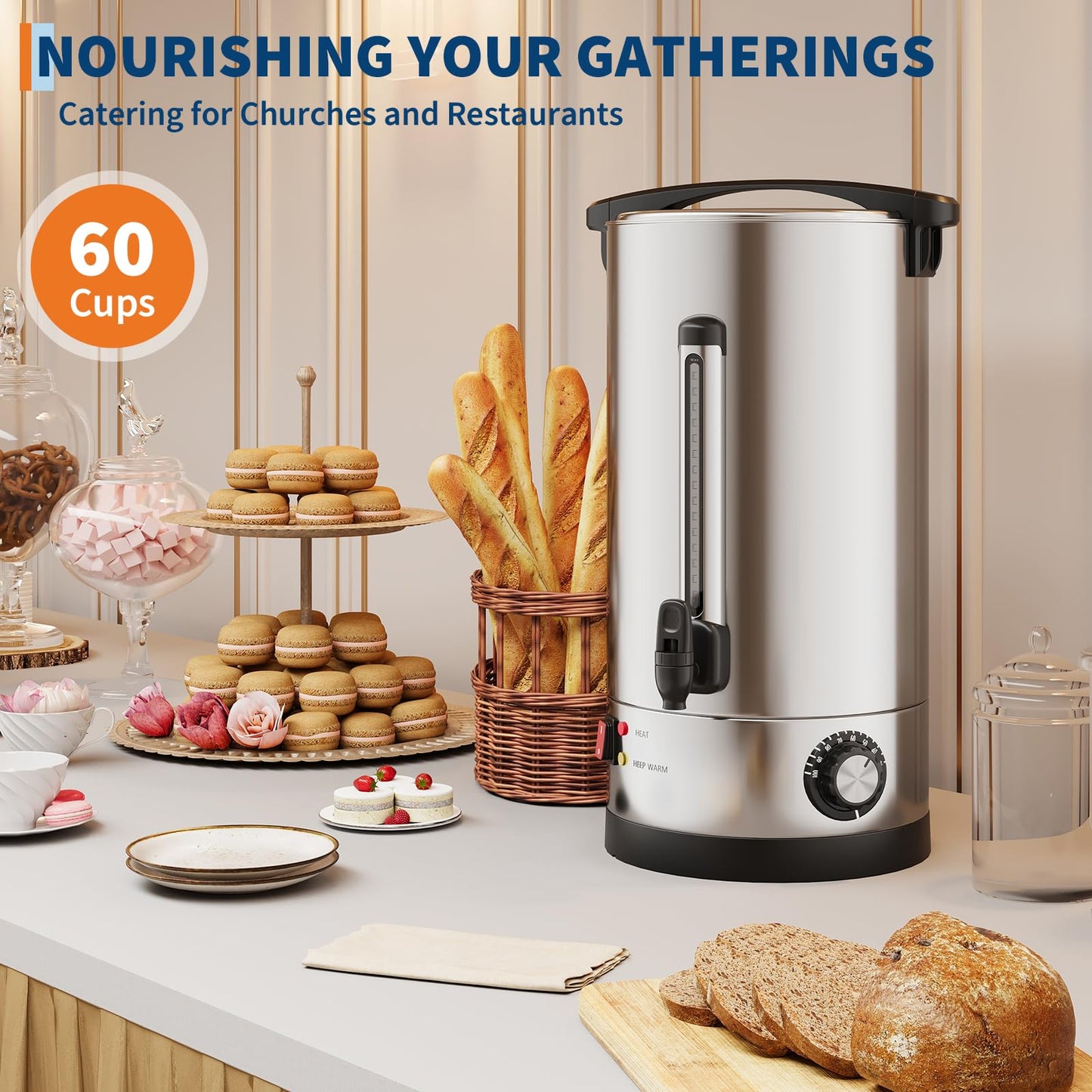 60 Cup Large Coffee Urn with Double Wall Insulation, 10L/2.6 Gallon Stainless Steel Commercial Electric Coffee Dispenser with Hot Drinks and Hot Water, for Weddings, Parties, Catering, and Buffets