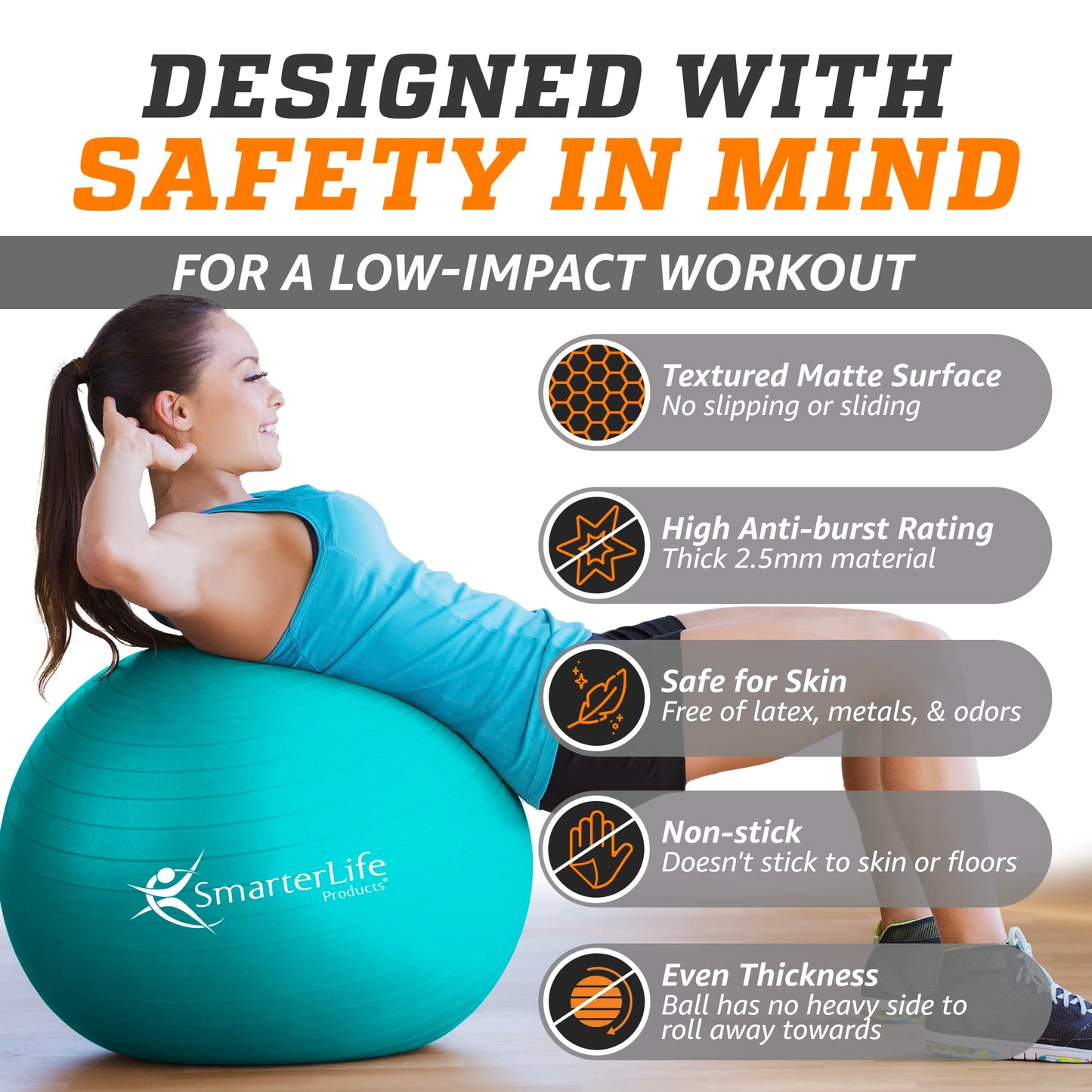 SmarterLife Exercise Ball Yoga Ball for Fitness, Balance, Stability, or Pregnancy, Gym Ball for Core Workout, Physical Therapy, Yoga Ball Chair for Office, Anti-Slip Anti-Burst (45cm, Turquoise)