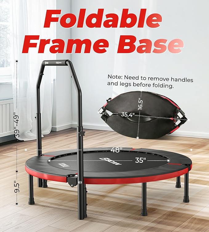 BCAN 40"/48" Foldable Mini Trampoline, Rebounder Trampoline for Adults, U/T Adjustable Foam Handle, Exercise Rebounder for Adults Indoor/Garden Workout, Max Load 330lbs/440lbs