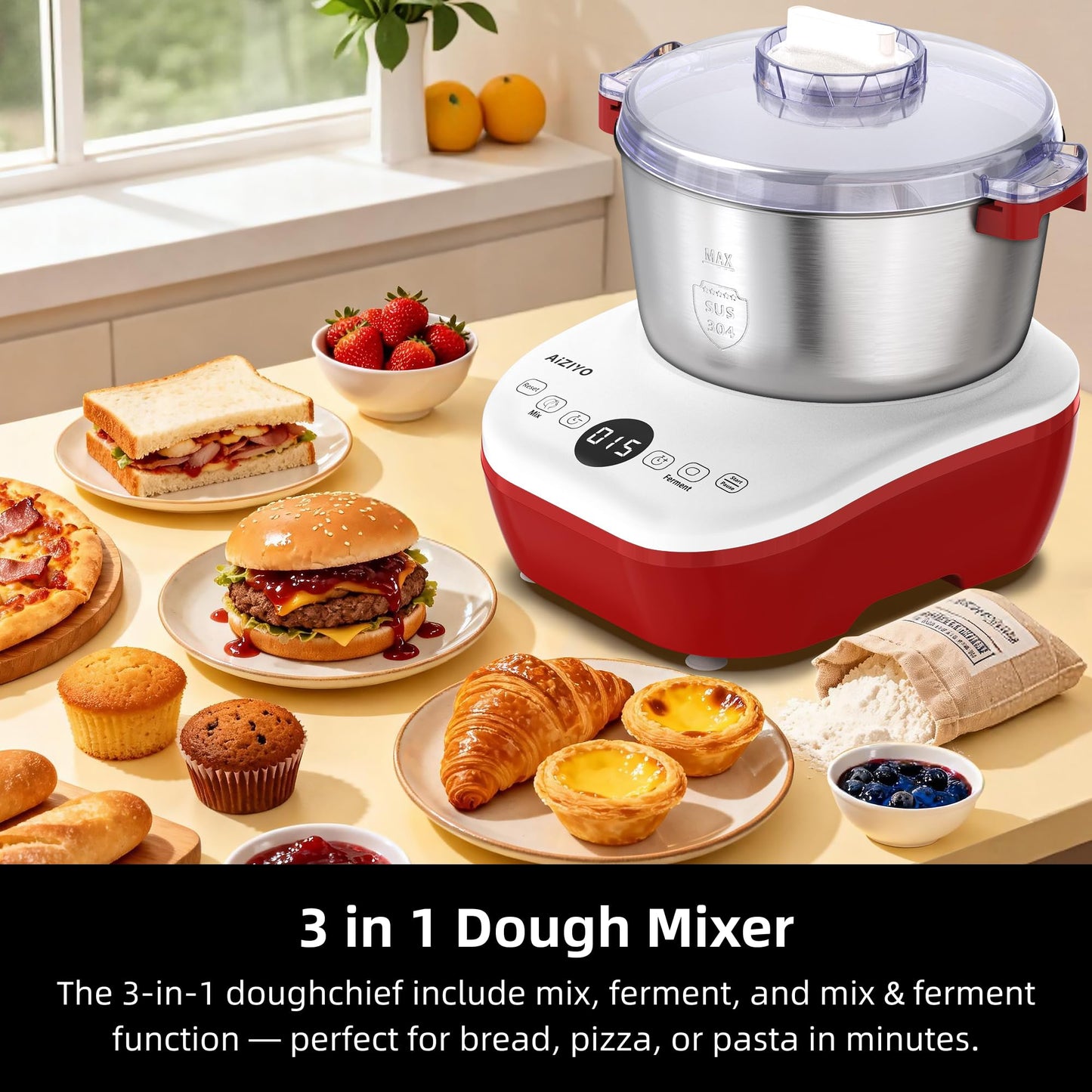 AIZIYO DoughChief, 5.3QT Dough Mixer, Dough Maker with Ferment Function, Touch Panel Control, 304 Stainless Steel Bowl, Removeable lid, Dough Proofing Box for Pizza, Bread, Pasta & Mochi