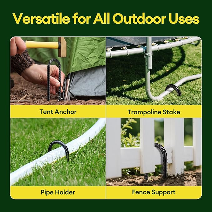 12 Inch Rebar Stakes Heavy Duty 10 Pack, U Shaped Ground Stakes, Galvanized Steel Trampoline Stakes, Tent Anchor Kit Anti-Rust, Drip Hose Wind Stakes, Black