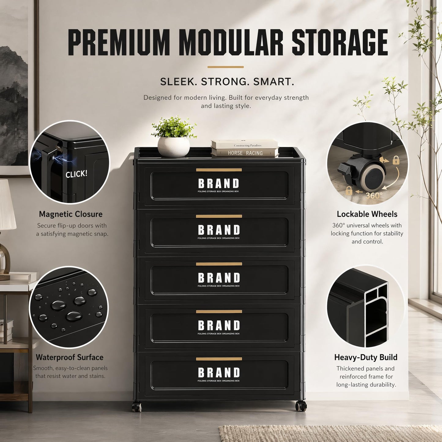 Foldable Storage Cabinet with Doors and Lockable Wheels, 5-Tier Large Capacity ABS Organizer, No-Tool Assembly Storage Cabinet for Small Apartment, Kitchen, Pantry, Laundry, Garage