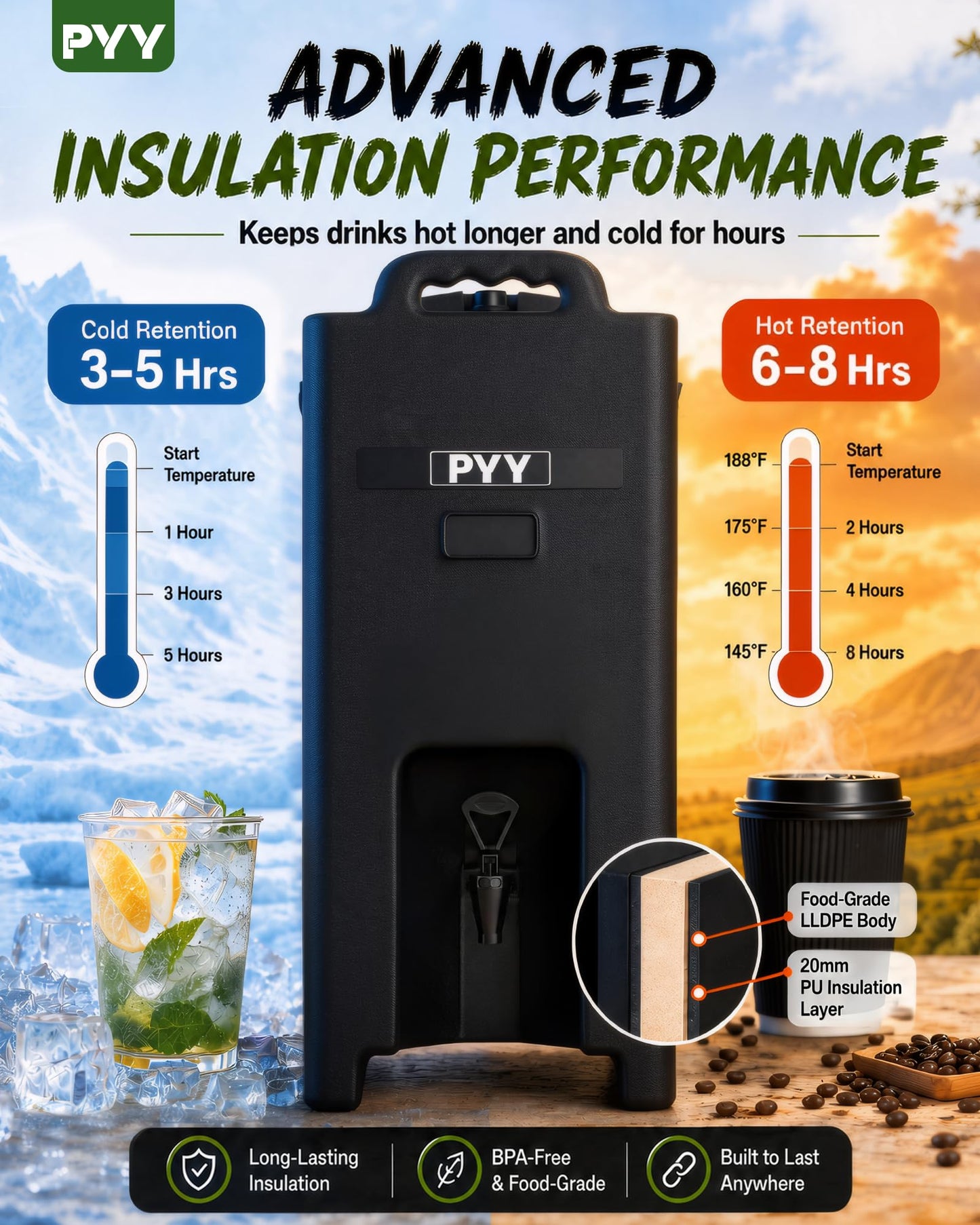 PYY Insulated Beverage Dispenser 5 Gallon - Hot and Cold Drink Container with Handles, Thermal Drink Dispenser Cooler Server carrier For Commercial Catering Black