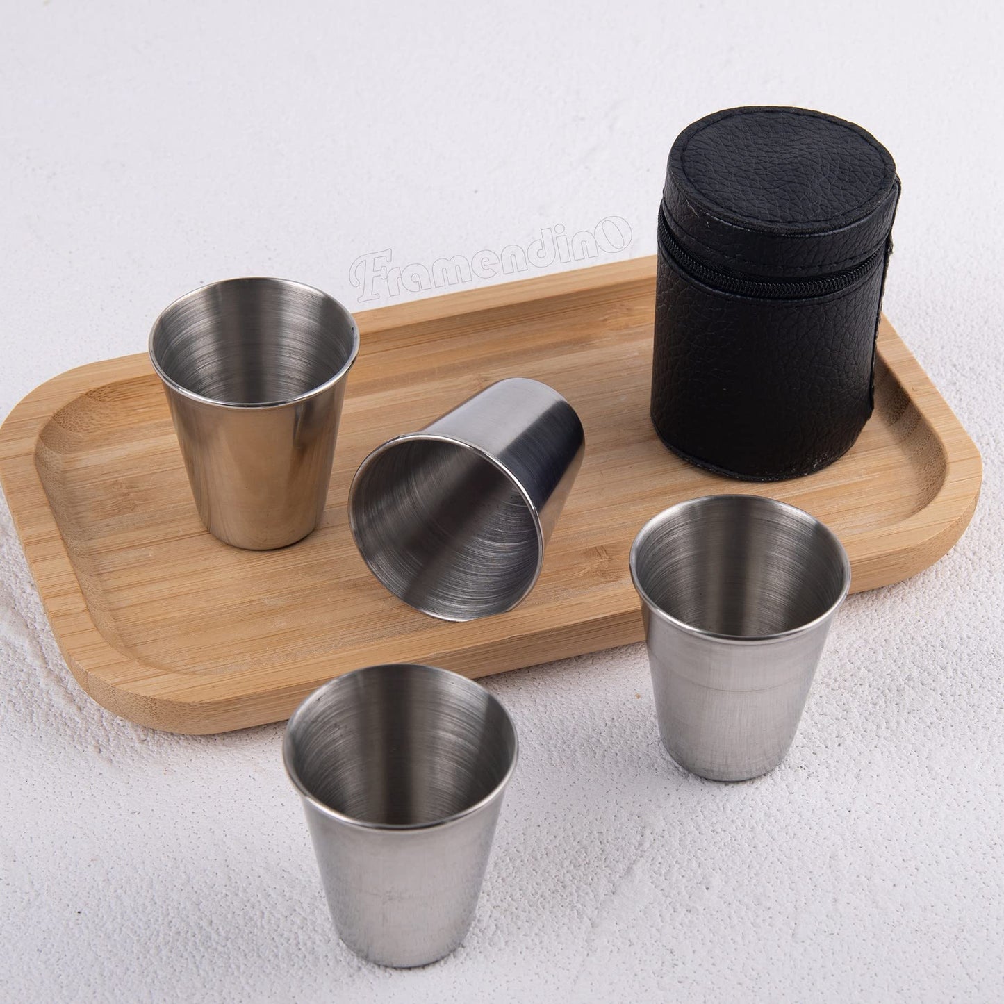 Framendino, 8 Pack 2 Ounce Stainless Steel Shot Cups with Leather Carry Cases Glass Drinking Tumbler