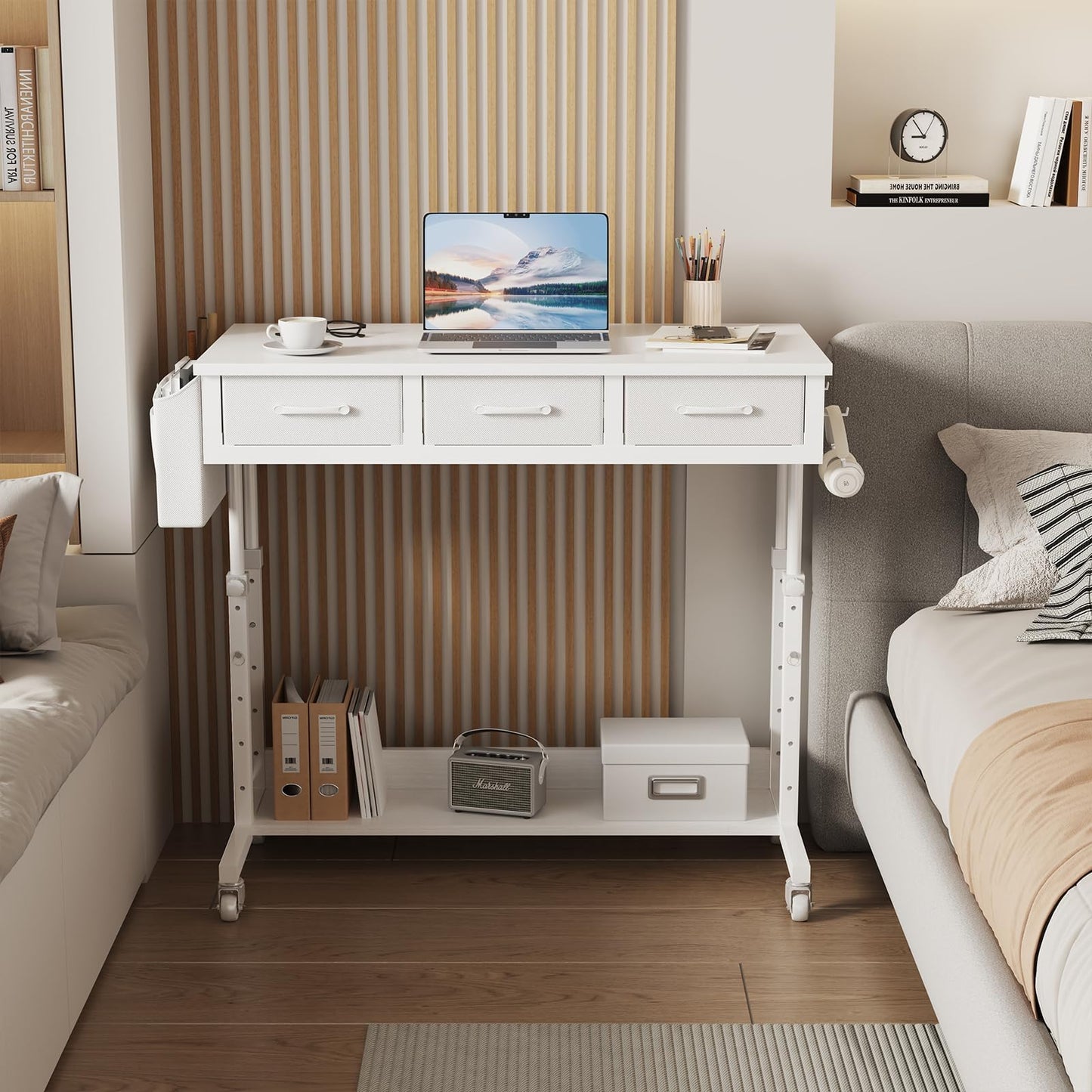 White Portable Rolling Computer Desk - 40 Inch Adjustable Mobile Standing Teacher Desks with 3 Fabric Drawers on Wheels, Couch Sofa Side Laptop Stand Up Table with Storage for Home Office, White