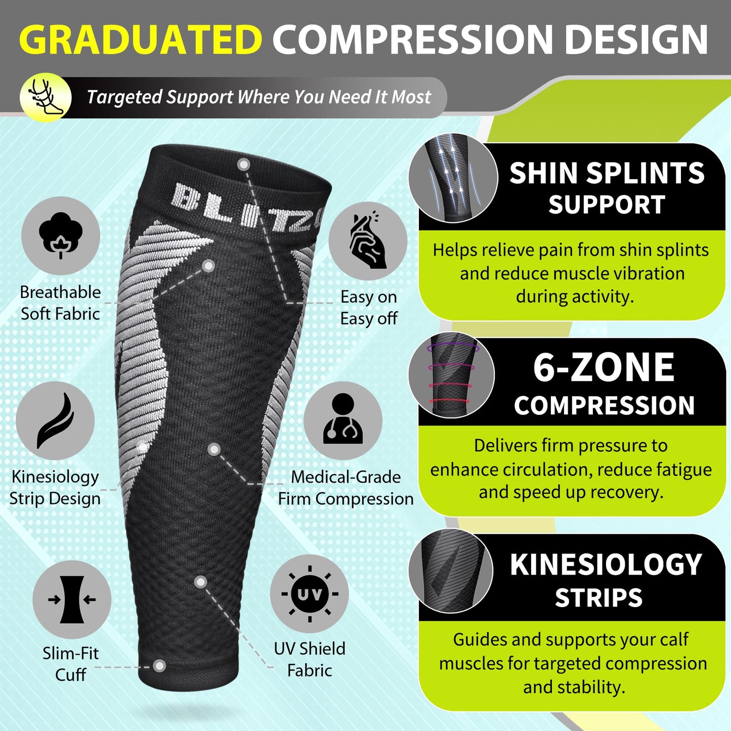 BLITZU Calf Compression Sleeves for Men and Women. Footless Compression Socks Support for Varicose Vein, Nursing, Running. Leg Sleeve Brace for Shin Splints, Pain Relief & Reduces Swelling Black L-XL