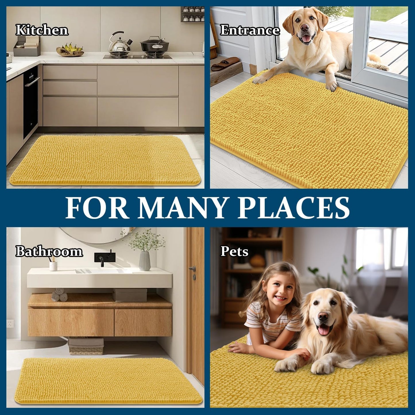 OLANLY Dog Door Mat - Absorbent Non-Slip Chenille Mat for Muddy Paws | 30x17 Inches, Quick Dry, Yellow
