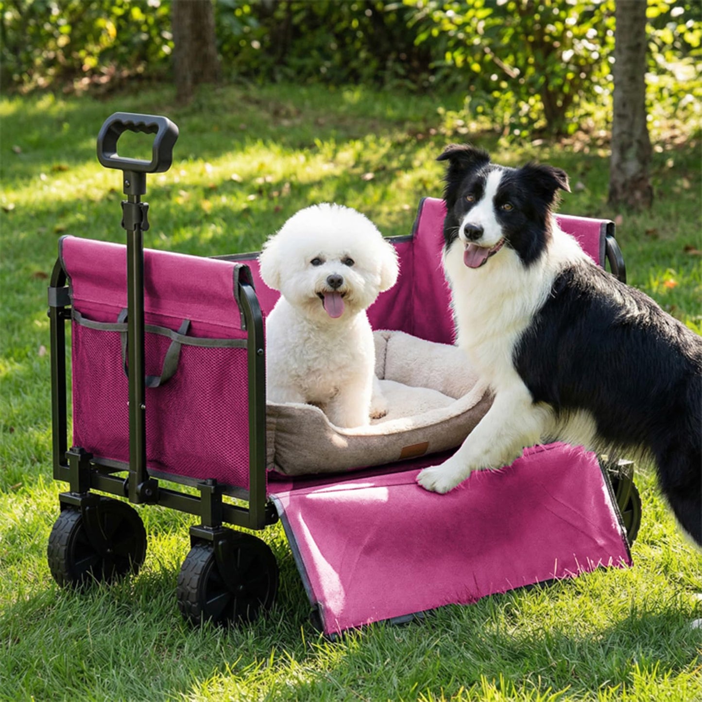 Holacamking Portable Collapsible Wagon Cart, Foldable Cart with Removable Side, Utility Groceries Wagon for Dogs Cats Camping Beach Shopping Sports Gardeing Fishing, Pink