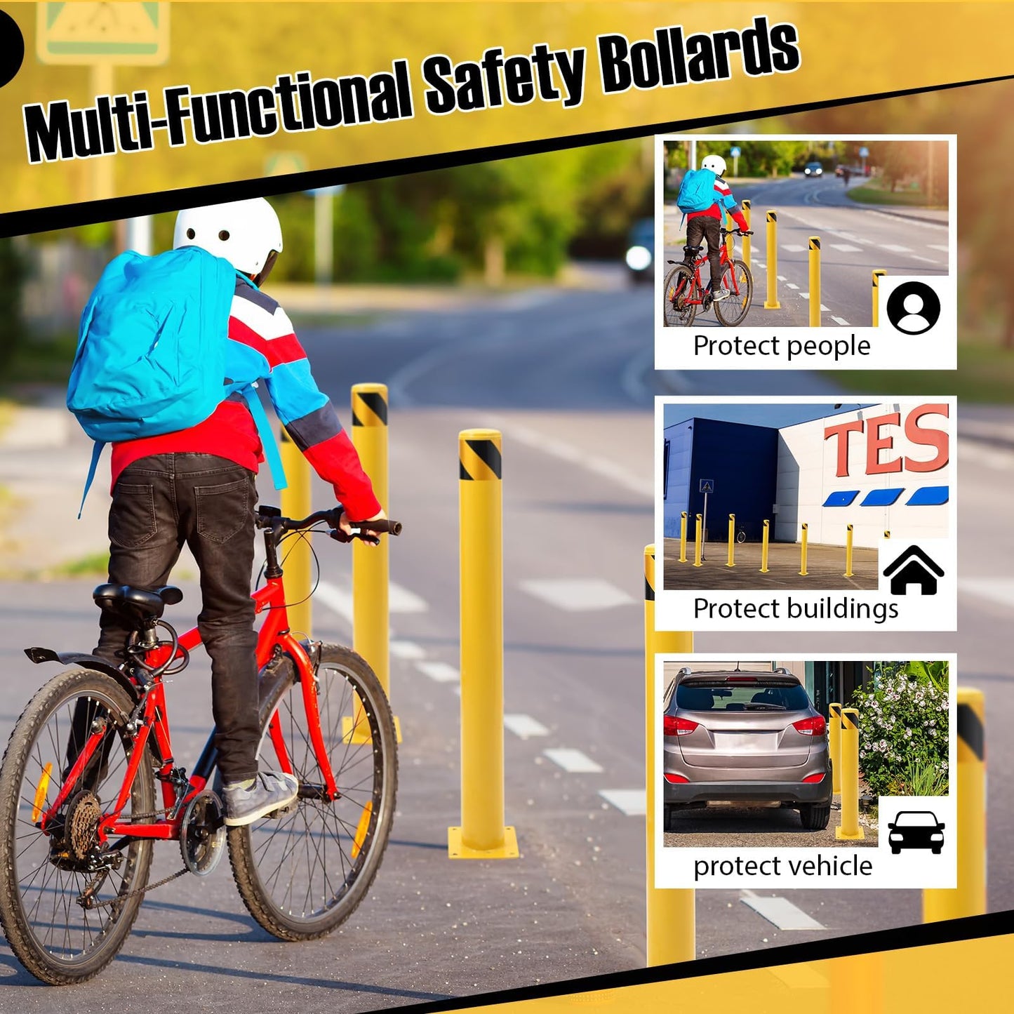 ExploreHorizon 4 Pack 48" Removable Safety Bollards, Surface Mount Steel Parking Barriers w/High-Vis Yellow PVC Stripes, Forklift Protection Posts for Indoor/Outdoor Traffic Control