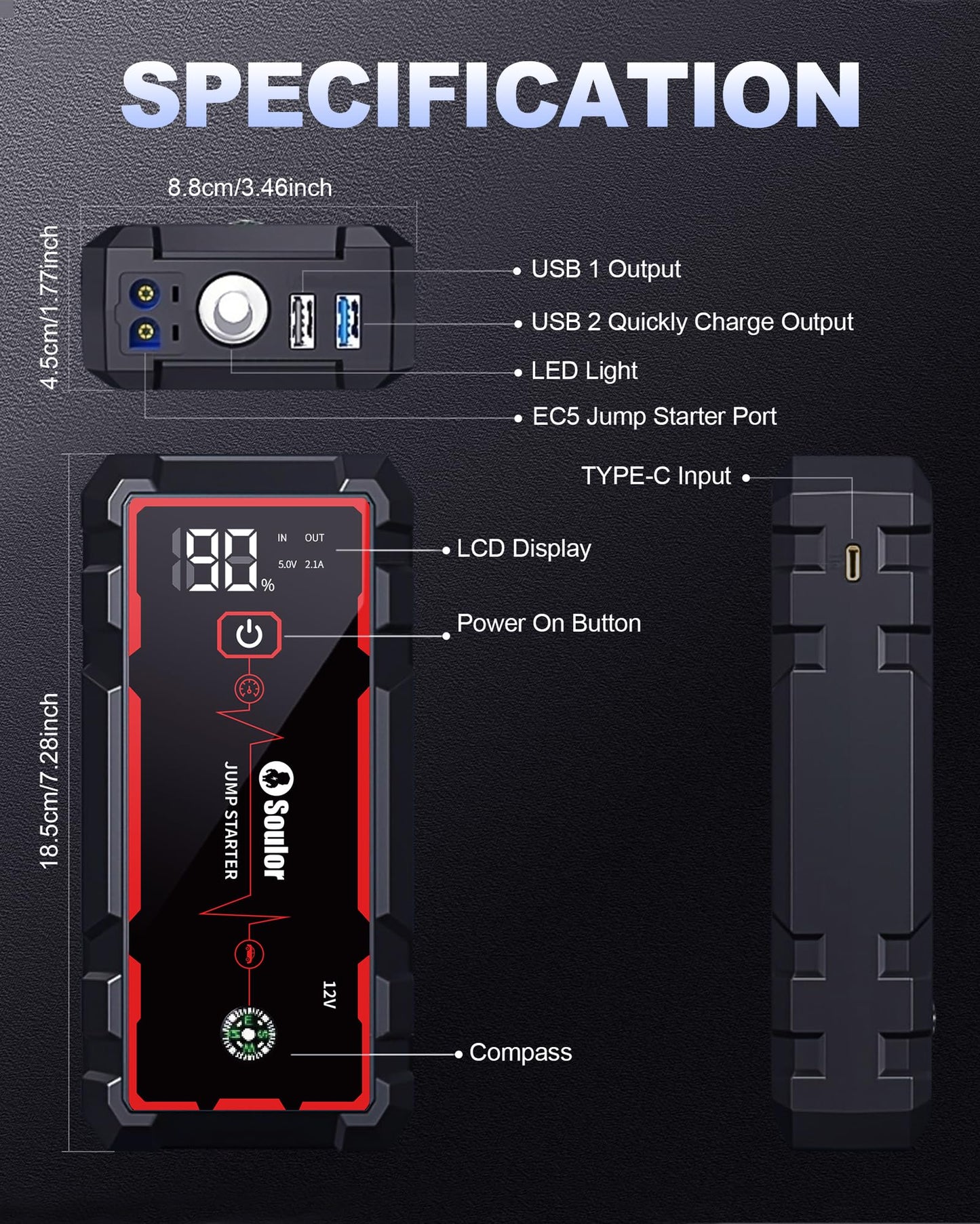 Jump Starter, Battery Jumper Starter Portable, Car Battery Jump Starter with 3 Modes Flashlight, Compass, Power Bank and Jumper Cable