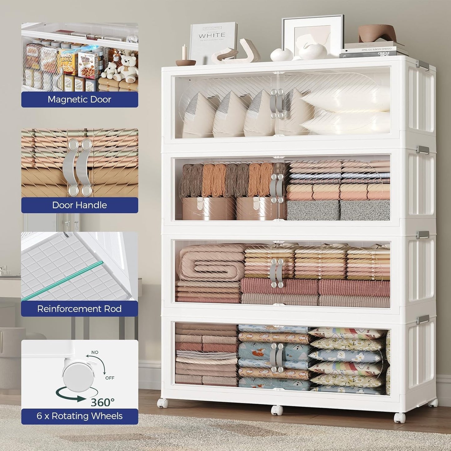 QAVABIN 960QT Extra Large Stackable Storage Bins with Lid, 240Gal Plastic Closet Organizers and Storage Drawer, Collapsible Cabinet Box with Wheels Clear Doors for Home Kitchen Office, 4Pack White