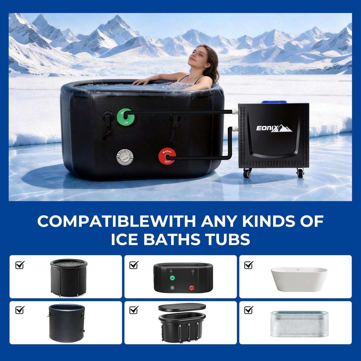 EONIX Upgraded 1/2 HP Cold Plunge Chiller,Ice Bath Water Chiller for Cold Plunge Tubs,Built-in Filter & Water Pump, Insulated Hoses,Quiet Operation,Ice Bath Chiller for Cold Therapy Recovery AC 110V