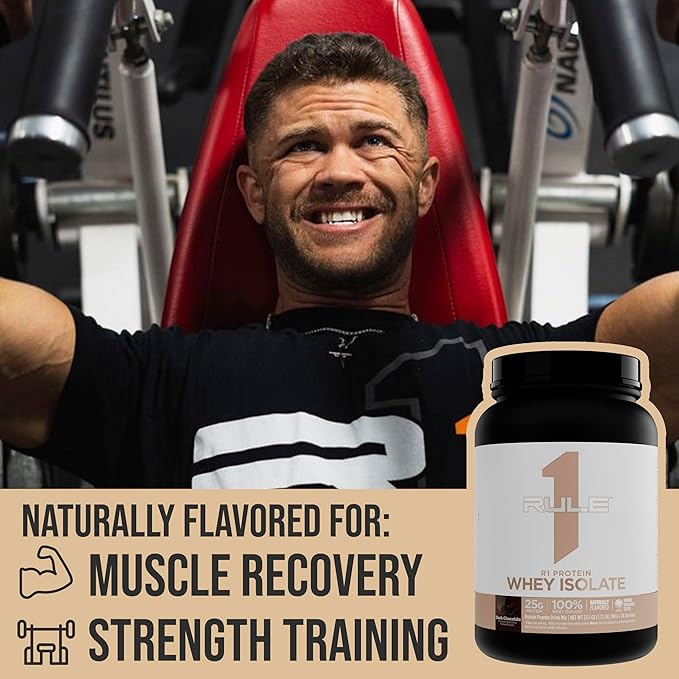 Rule 1 Naturally Flavored R1 Protein Whey Isolate - Clean Formula with 25g Protein & 6g BCAA Exclusively Isolated & Hydrolyzed Sources for Workout Recovery (4.3 Pounds*, Dark Chocolate)