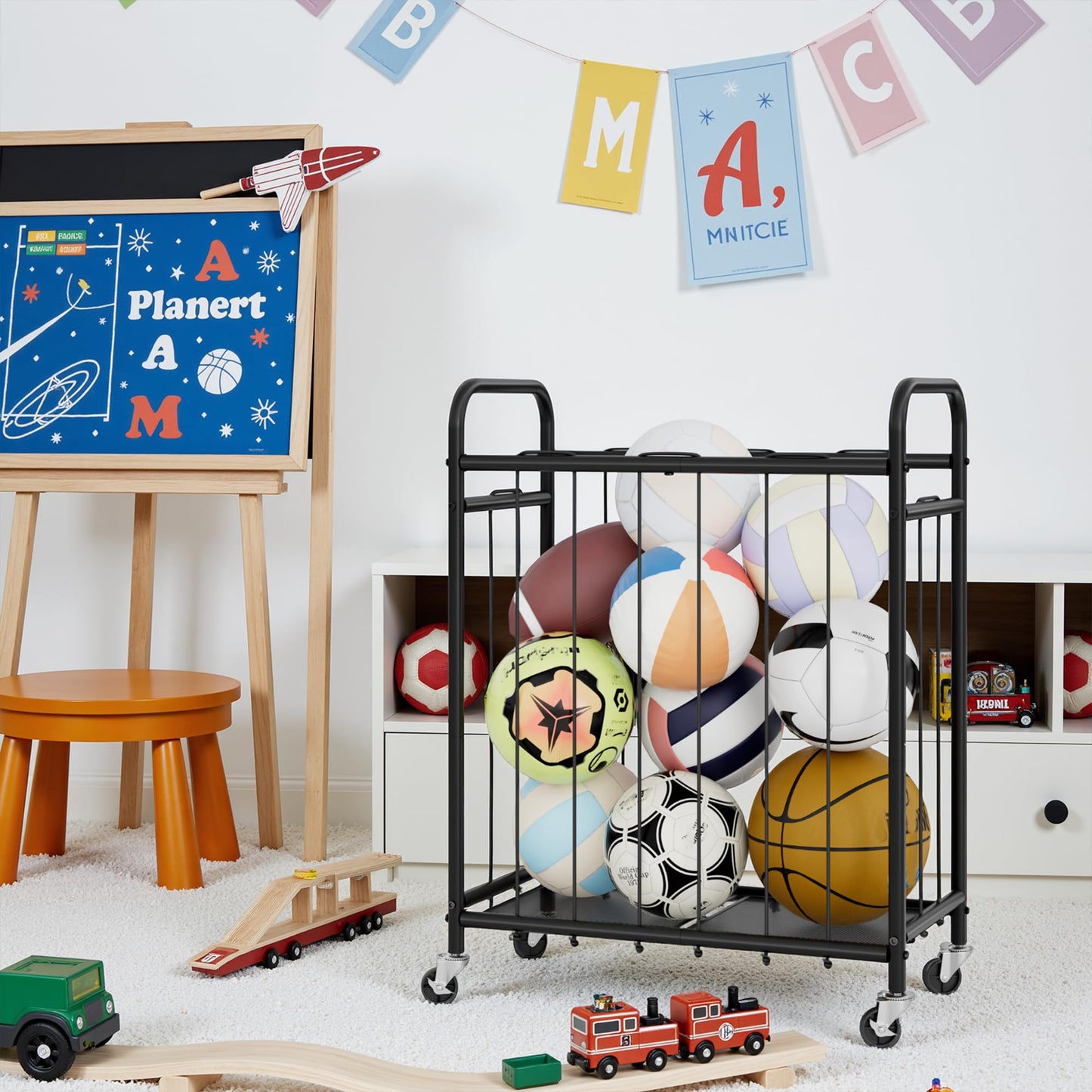StorageWorks Ball Storage with Wheels, Garage Sports Equipment Organizer with Hooks, Balls Organizer for Basketball, Football, Volleyball