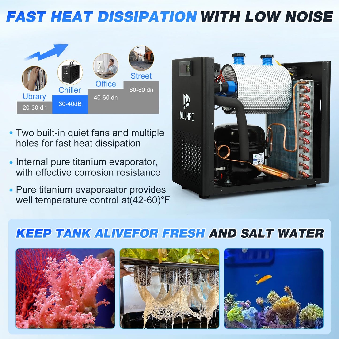 MLJHFC 42Gal Aquarium Chiller 1/10 HP 160L Quiet Compressor Refrigeration Hydroponic Cooling System Suitable for Aquariums Salamanders Coral Reefs Jellyfish