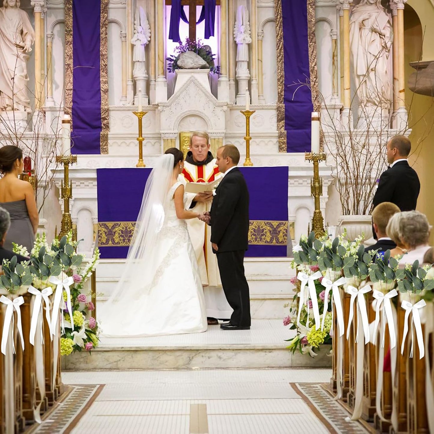 Regine Switzerland Wedding Aisle Decorations - 24 Sets of Elegant White Ribbon Bows with Eucalyptus Stems for Ceremony and Chair Sashes