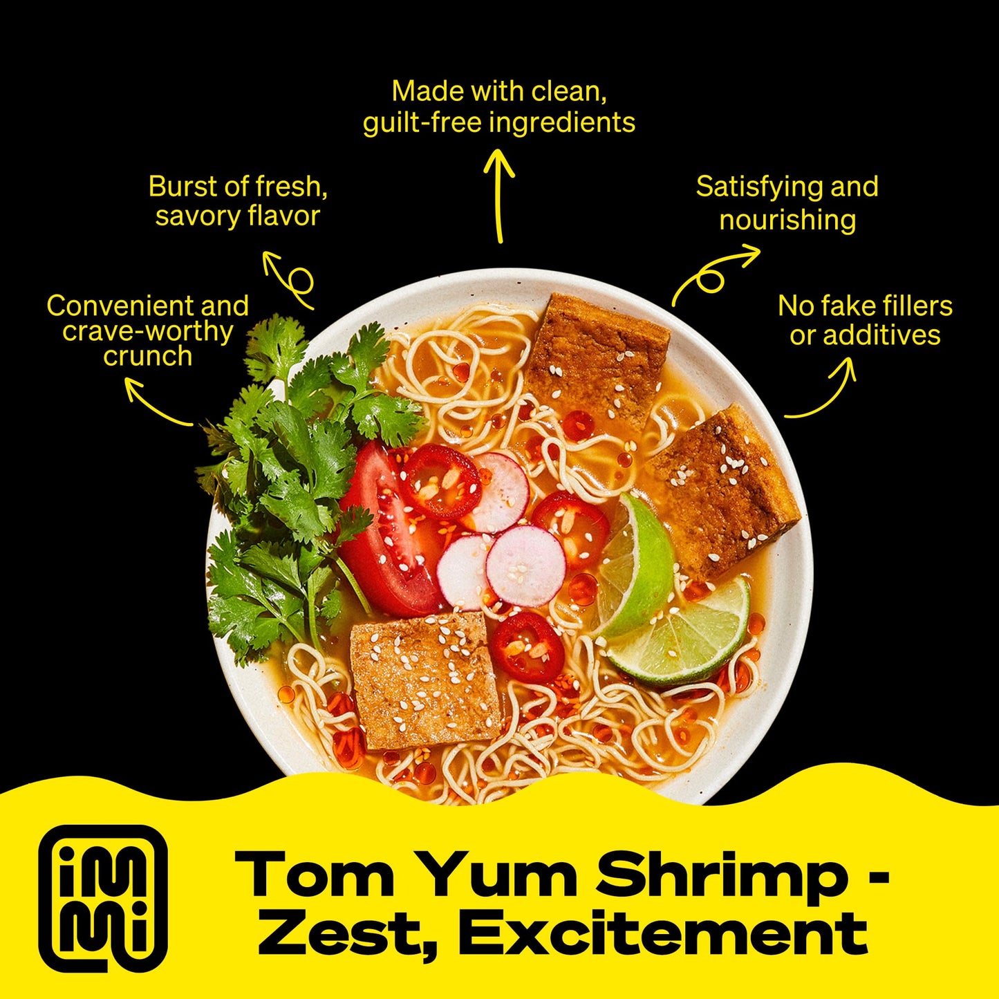 immi Tom Yum “Shrimp” Ramen – Bright, Zesty Flavor with More Protein – Vegan, High Protein Ramen Noodles – Low Carb, Zero Sugar – Healthy Keto-Friendly Ramen Bowl, 6-Pack
