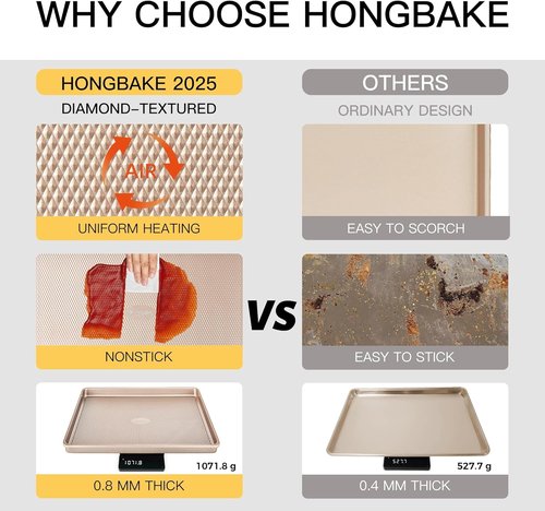 HONGBAKE Nonstick Baking Sheet Pan Set - 3 Heavy Duty Cookie Sheets with Diamond Texture | Champagne Gold