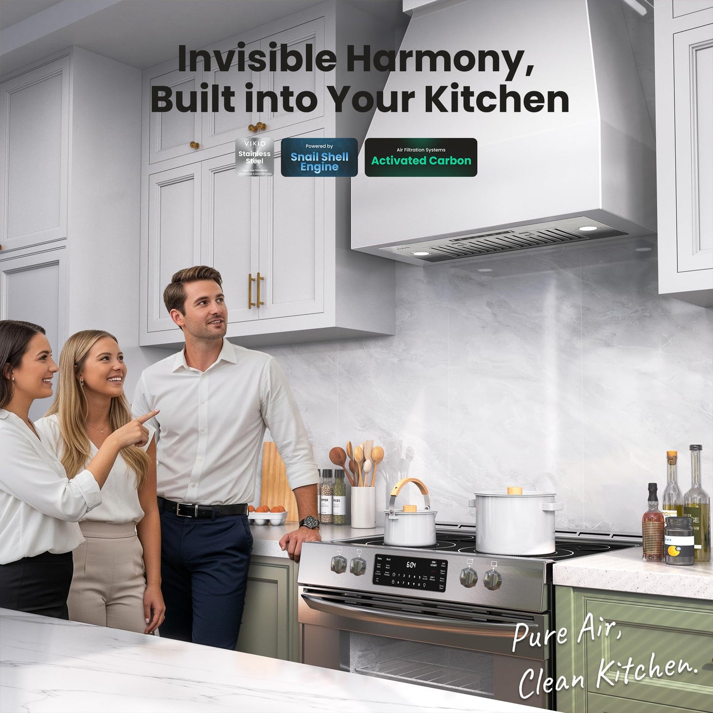 VIKIO HOME Built-in/Insert Range Hood 30 Inch, 980 CFM Hood Vent for Kitchen, Ducted/Ductless Convertible Duct, Stainless Steel Kitchen Vent Hood with Gesture & Touch Control, 2 Baffle Filters