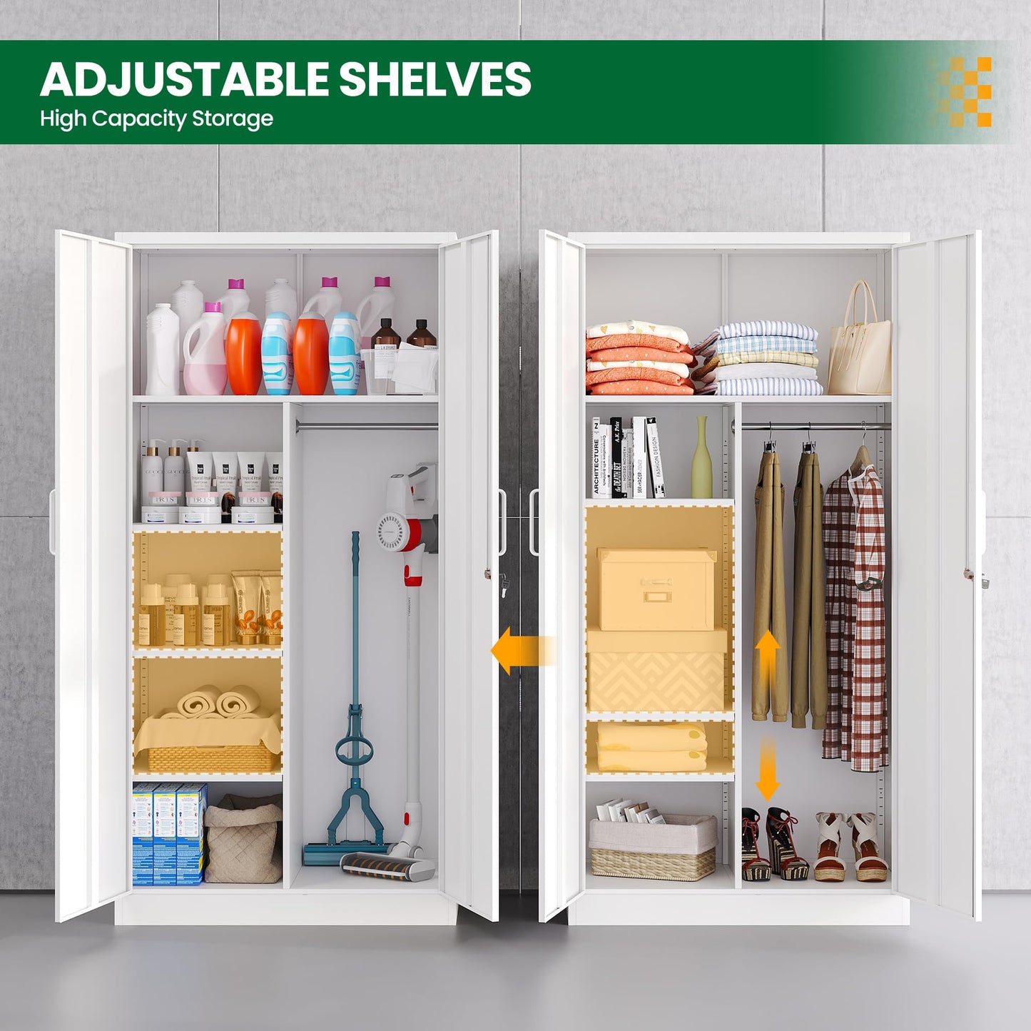 LISSIMO Broom Closet with Lock, Metal Storage Cabinet 36" Wide, 5-Tier Steel Utility Cabinet with Hanging Rod & Doors for Garage, Laundry Room, Warehouse Storage