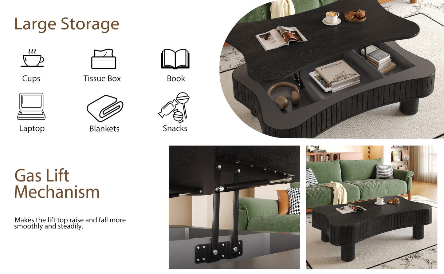 Zurnes Lift Top Coffee Table with Storage, 42" Accent Table for Living Room, Fluted Panel Hidden Storage, Silent Hydraulic Lift, Curved Corners, Easy Assembly, Black