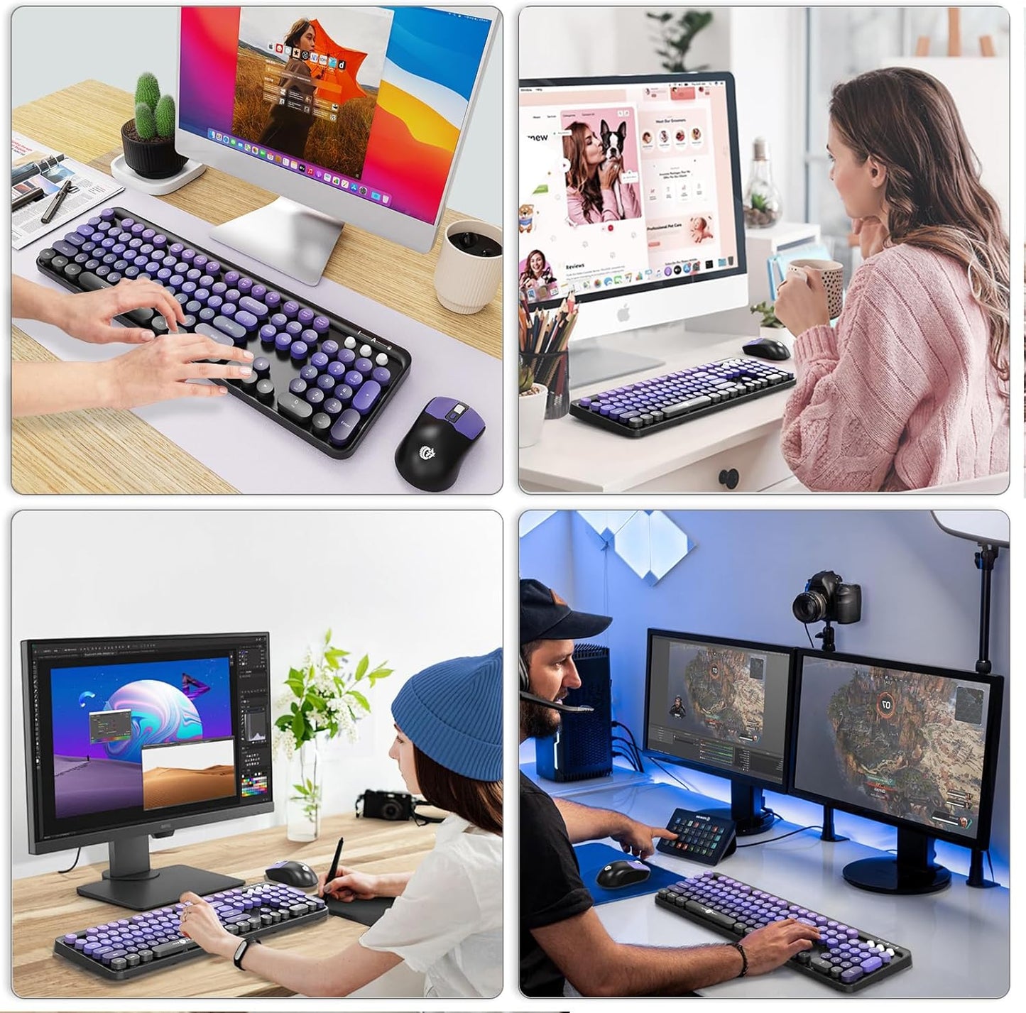 FOPETT 2.4G 104 Wireless Keyboard and Mouse Combo - Full-Sized Cute Colorful Mouse and Keyboard with Round Keys Retro