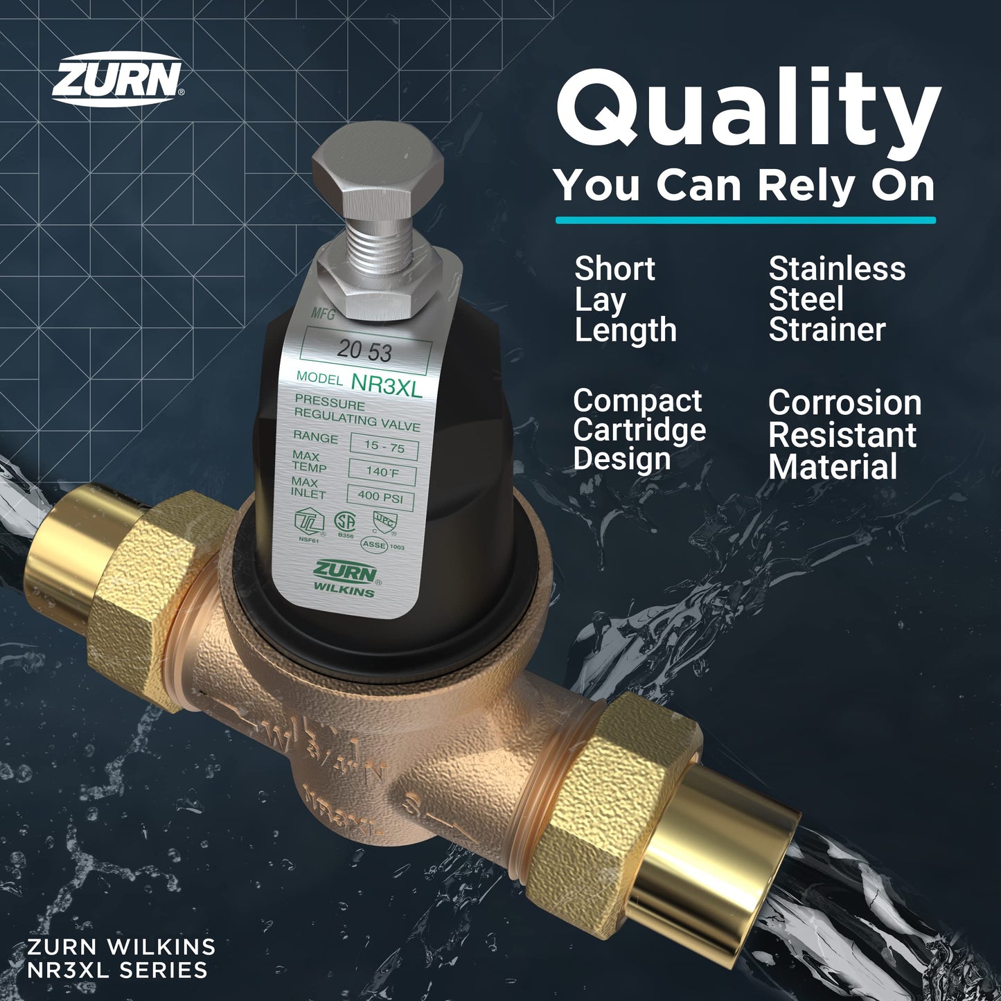 Zurn Wilkins 114-NR3XLDUC 1-1/4" NR3XL Pressure Reducing Valve with Double Union FNPT Copper Sweat Connection