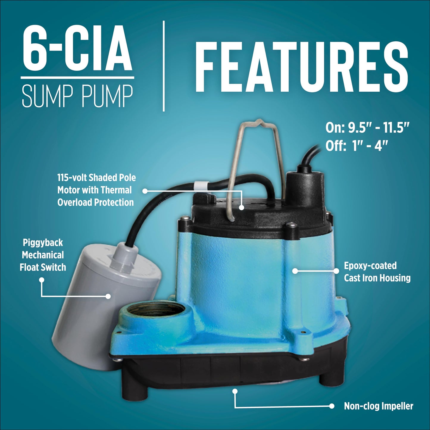 Little Giant 6-CIA-RFS 115 Volt, 1/3 HP, 2760 GPH Cast Iron Submersible Sump Pump with Piggyback Mechanical Float Switch, 10-Ft. Cord, Blue, 506171