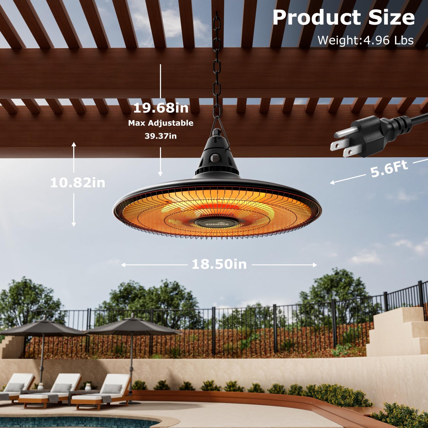 Ceiling Electric Outdoor Heater Wall-Mounted Hanging Patio 1500W Infrared Carbon Fiber Tube Heating Wall Heater for Gazebo, Balcony, Brown