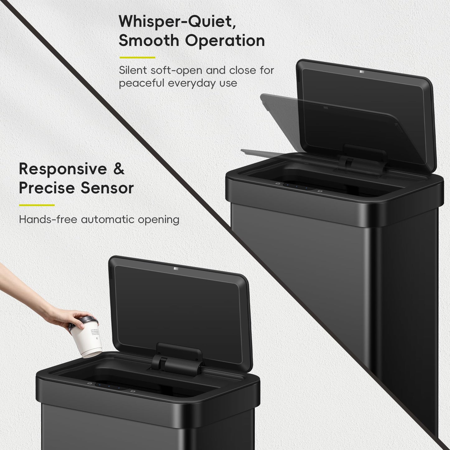 EKO EcoNova 13.2 Gallon/ 50L Automatic Sensor Kitchen Trash Can, Stainless Steel Touchless Garbage Bin with Soft-Close &Stay-Open Lid, Fingerprint-Resistant, Matte Black