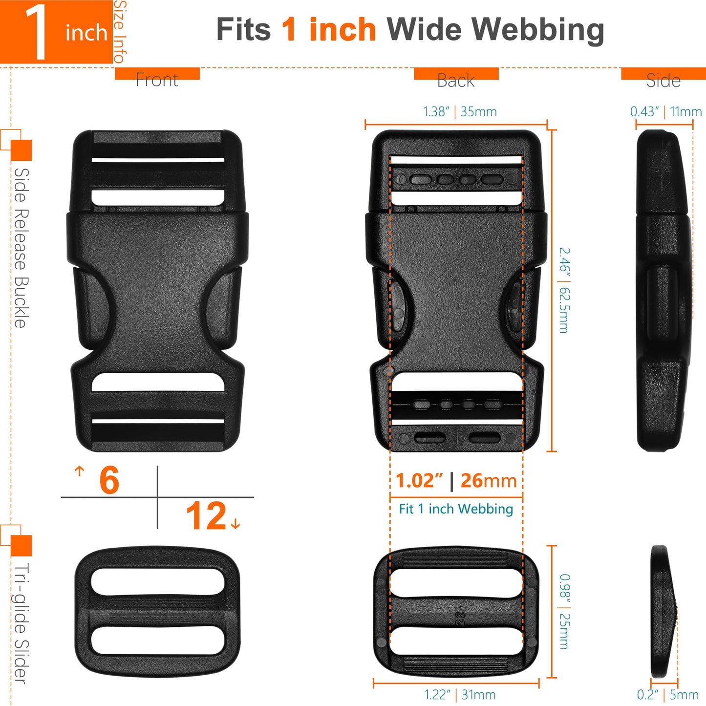 1" Straps and Buckles Set: 6 yard Nylon Webbing 1 inch (25 mm) Wide, 6 pack Side Release Buckle, 12 pcs Tri-Glide Sliders, Plastic Clip Quick Fastener Replacement Heavy Duty Dual Adjustable No Sew