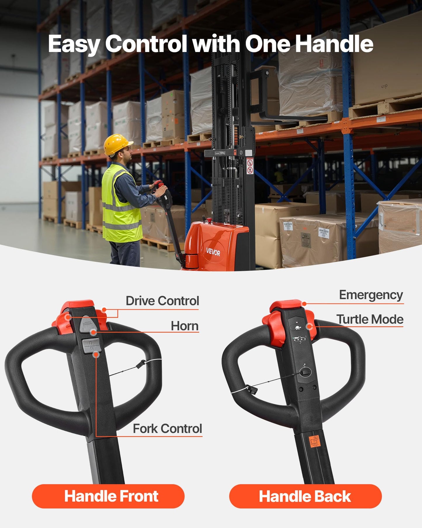VEVOR Full Electric Pallet Stacker, 3300 lbs Capacity, 98.4'' Lifting Height, Pallet Lift Stacker Forklift with Straddle Legs & Forks, 8.66-31.1 Inches Adjustable Fork Width, Orange & Black