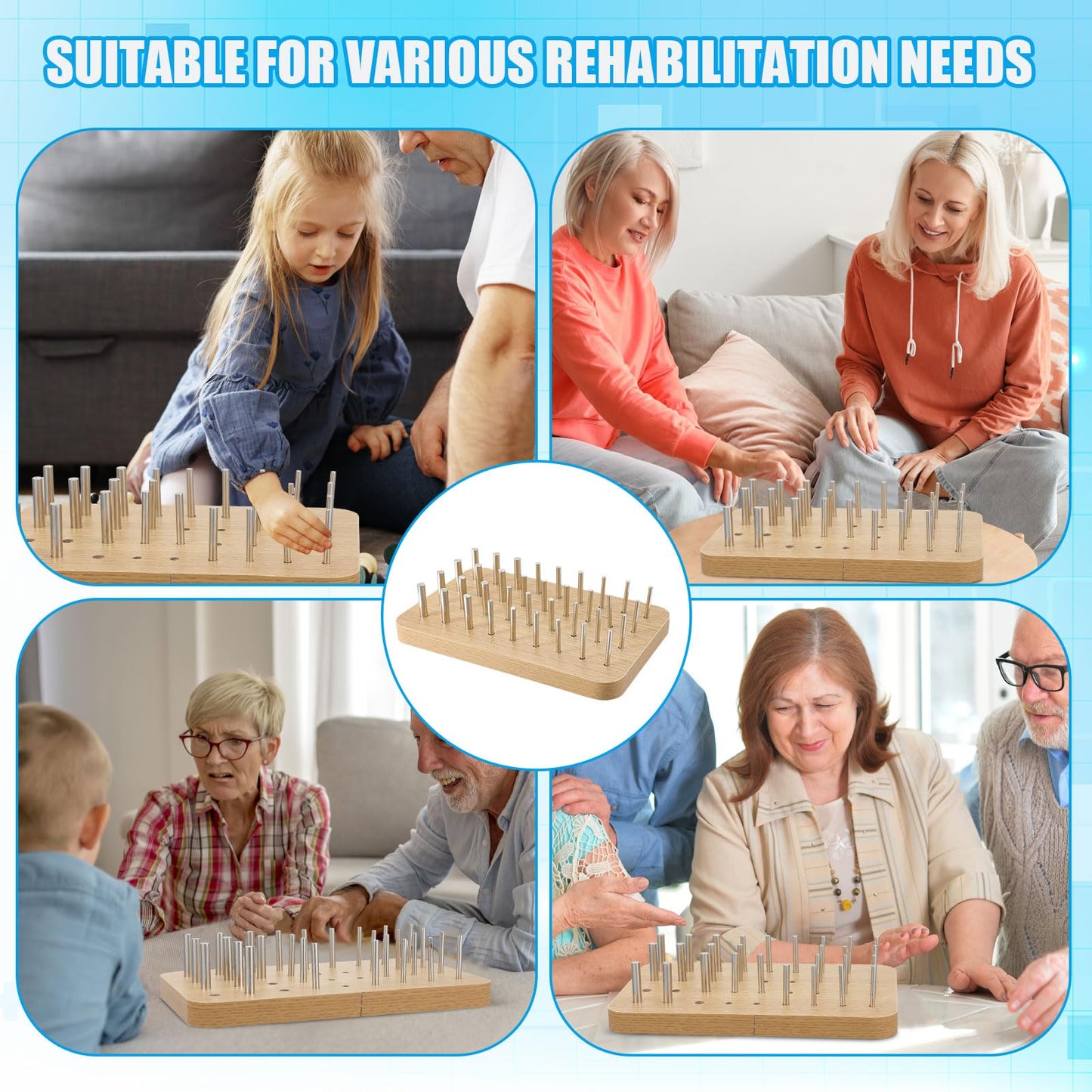 Colingmill 36 Hole Wooden Pegboard for Finger Dexterity with 4mm/6mm/8mm Iron Pegs Hand Rehabilitation Board Wood Peg Board for Improving Fine Motor Skills and Hand Eye Coordination