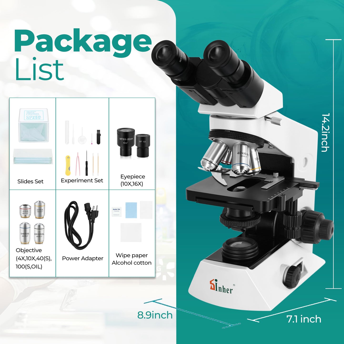Sinher XSZ-2108A Professional lab Compound Binocular microscopes 40X-2000X Magnification for Kids Students Adults School Lab Home Education with Microscope Slides Set.