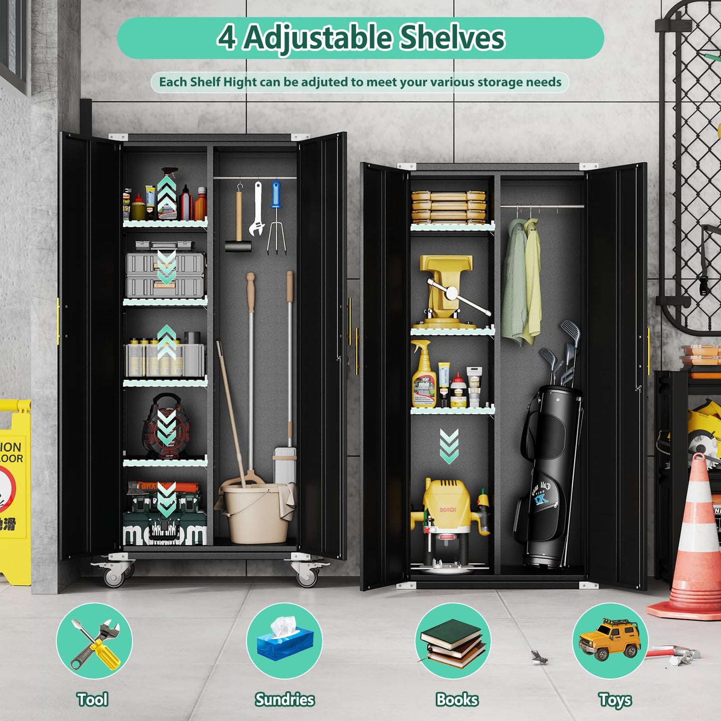 PAOFIN 71" Garage Storage Cabinet with Hanging Rod,Lockable Metal Broom Closet Storage Cabinet with 4 Adjustable Shelves for Tools,Garage Home,Office Required Assembly,Black