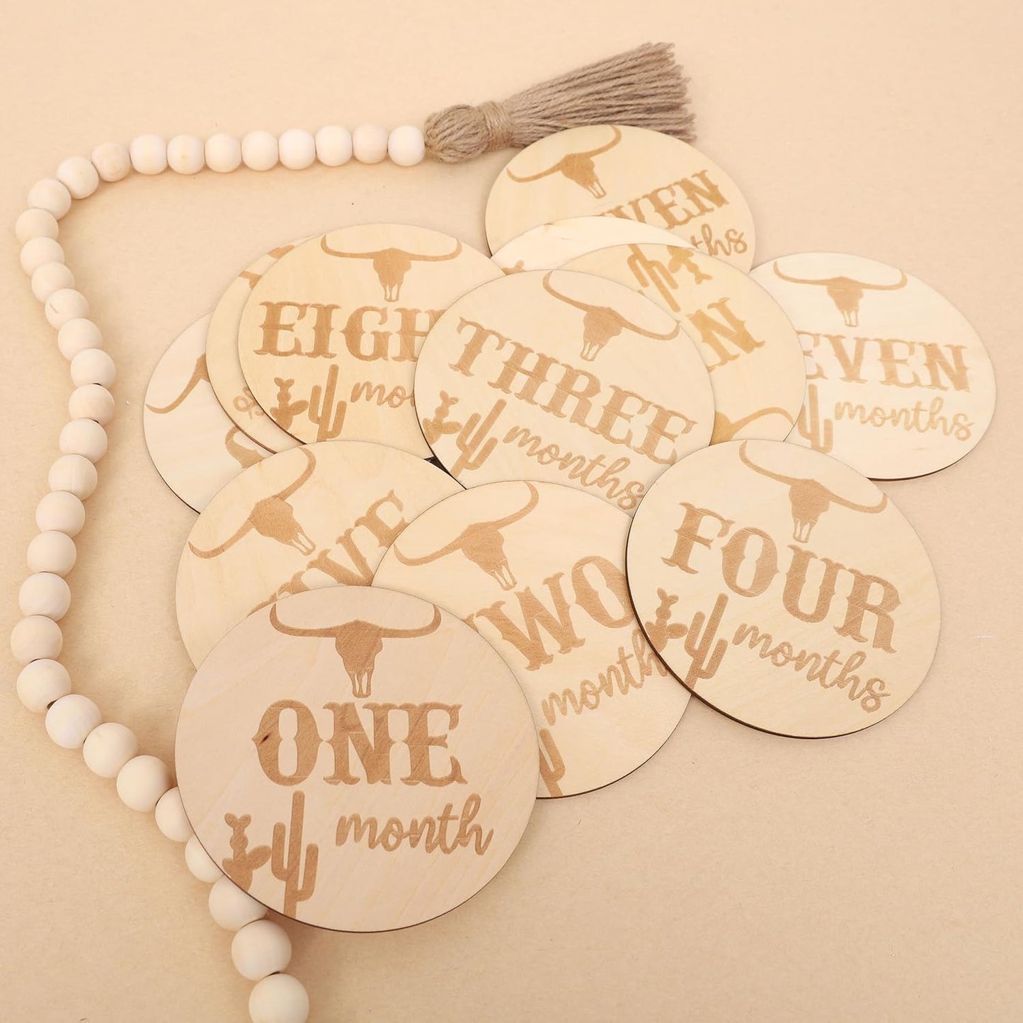 LINLULU Set, Wooden Western Baby Monthly Milestone Cards - Cow Monthly Milestone Marker Newborn Photography Props