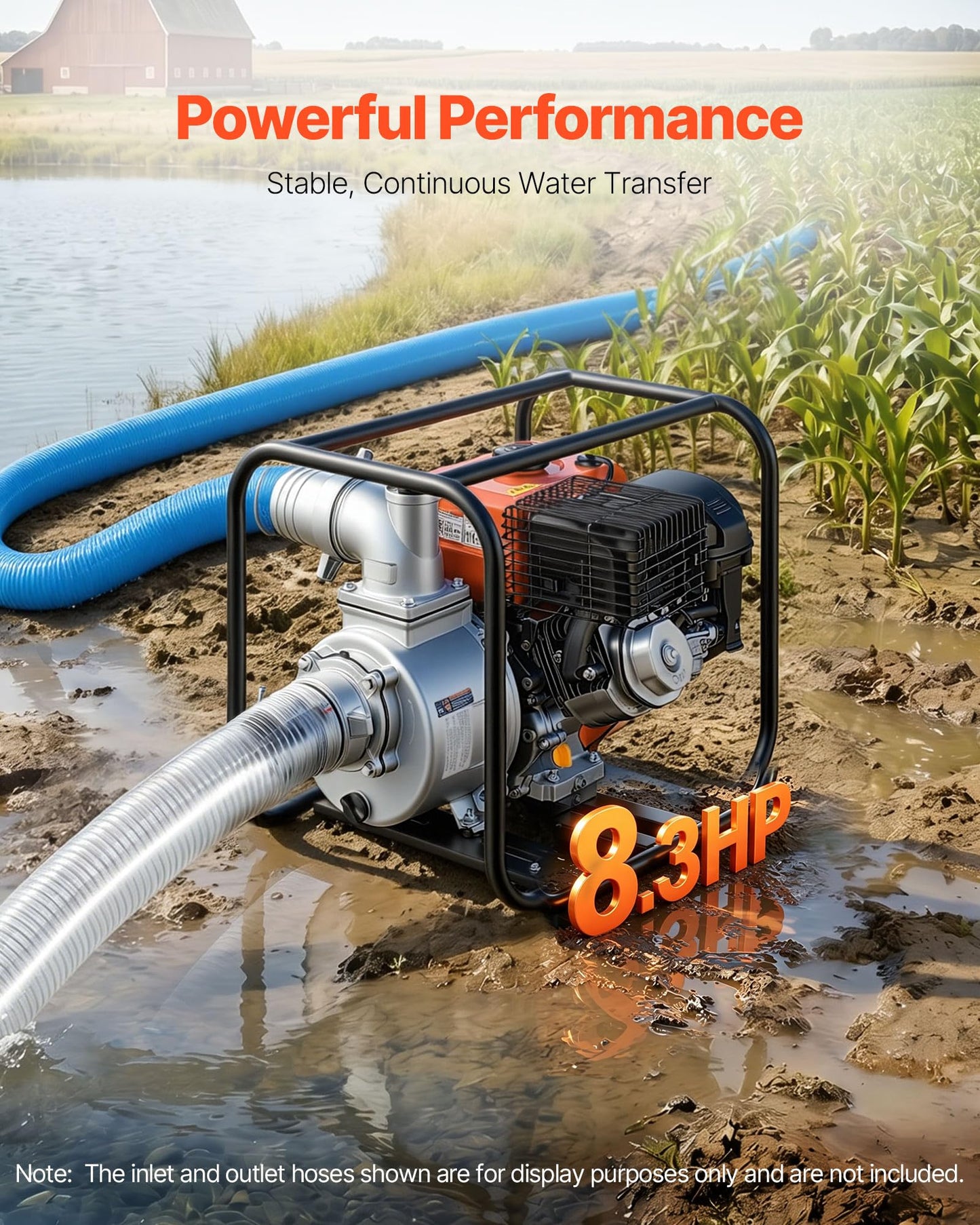 VEVOR Gas Powered Water Pump, 4 in, 422 GPM 8.3HP Semi Trash Water Transfer Pump Portable, Gasoline Engine with 25 ft Discharge Hose, Heavy Duty Frame, Cast Iron Impeller, for Irrigation, Ponds, Pools