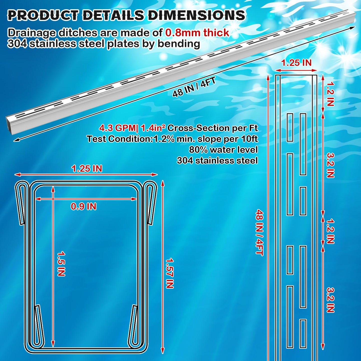 Otoolling 4 Pack Pool Deck Drain 1.25-inch W x 4-feet L, Outdoor Deck Drainage System 304 Stainless Steel with Coupling, Channel Drain for Integrated Grate/Concrete/Paver/Patios/Walkways (Silver)