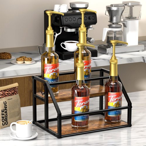 Homedawn Coffee Syrup Rack Organizer, Syrup Bottle Holder Stand for Coffee Bar, 2-Tier 8 Bottles Storage Shelves for Syrup, Wine, Dressing for Kitchen Countertop, Rustic Brown & Black