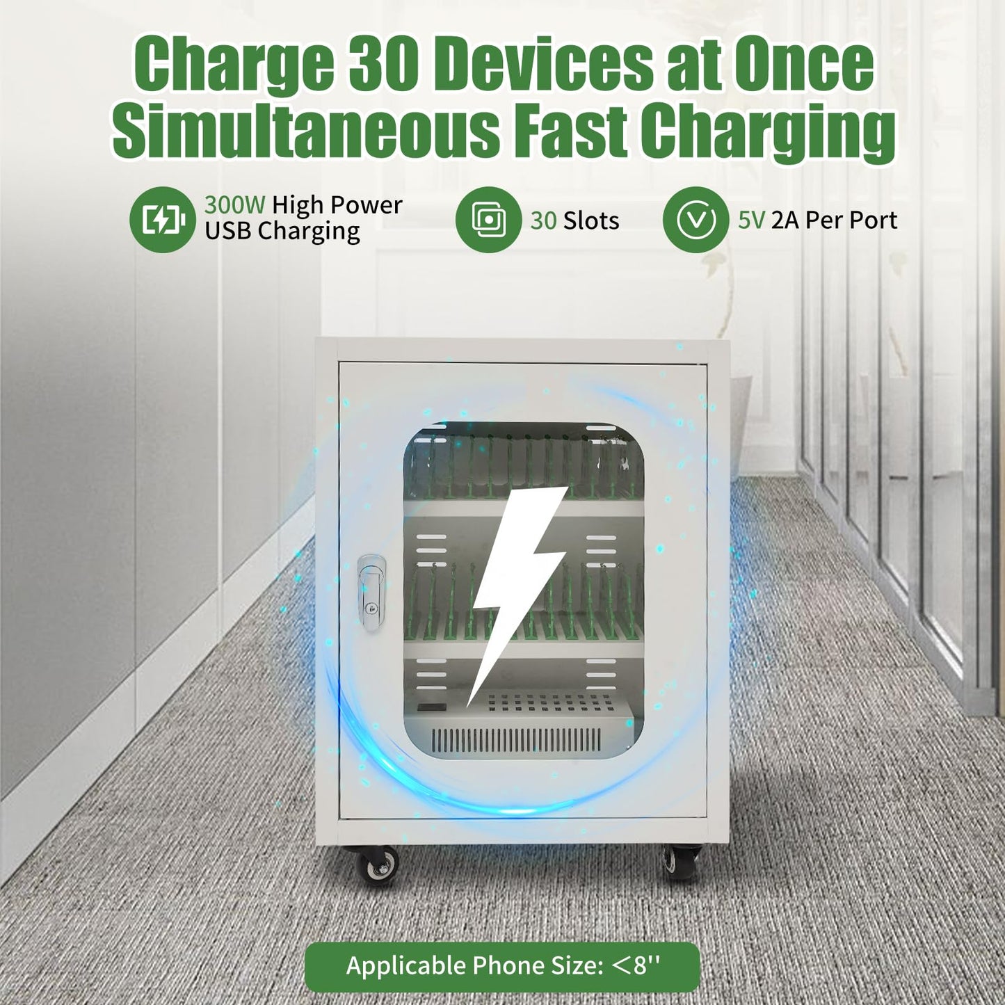 QUEWATSA 30 Slots Cell Phones Charging Station, Rechargeable Cellphone Locker Storage Charging Station, Mobile Charging Cart with Charging Ports, Wheels & Combination Lock (White)